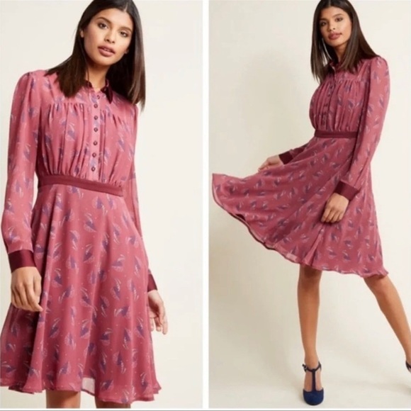 Modcloth Dresses & Skirts - Modcloth Just My Typist Pleated Chiffon Mauve /
Plum Long Sleeve Dress